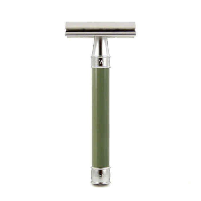 Double Edge Stainless Steel safety razor, grooved anodised green, 1x pack of Fea - Barberhøvel - JK-Shop