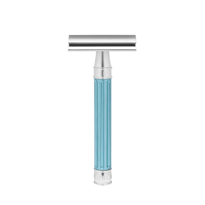 Double Edge Stainless Steel safety razor, grooved anodised light blue, 1x pack o - Barberhøvel - JK-Shop