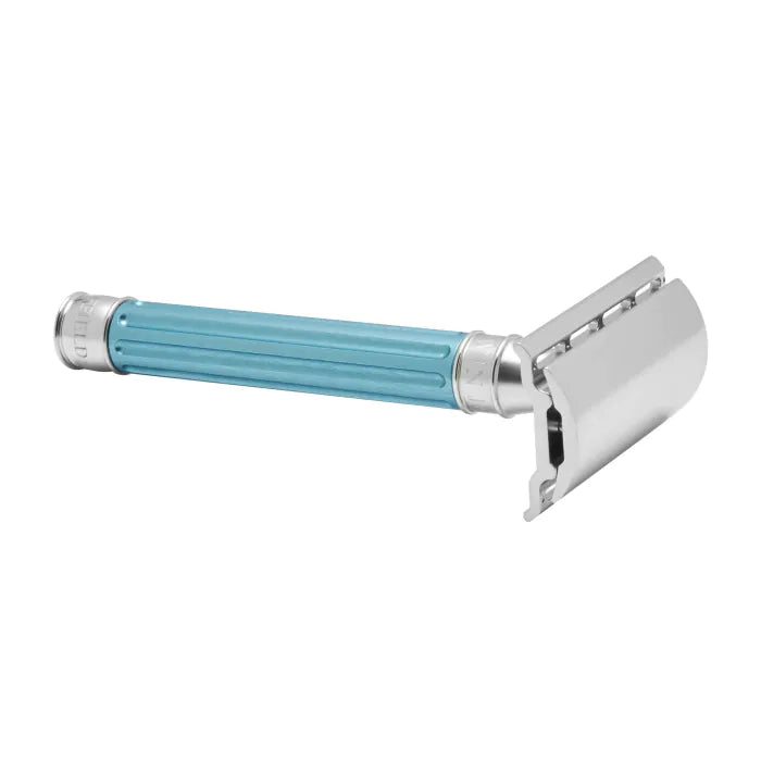 Double Edge Stainless Steel safety razor, grooved anodised light blue, 1x pack o - Barberhøvel - JK-Shop