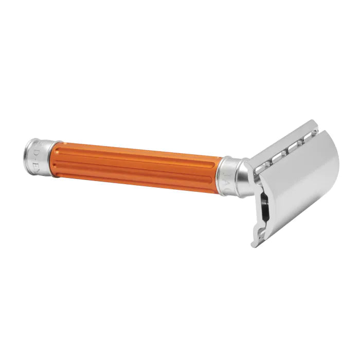 Double Edge Stainless Steel safety razor, grooved anodised orange, 1x pack of Fe - Barberhøvel - JK-Shop