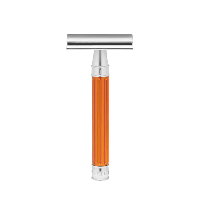 Double Edge Stainless Steel safety razor, grooved anodised orange, 1x pack of Fe - Barberhøvel - JK-Shop