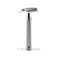 Double Edge Stainless Steel safety razor, grooved, anodised silver, 1x pack of F - Barberhøvel - JK-Shop