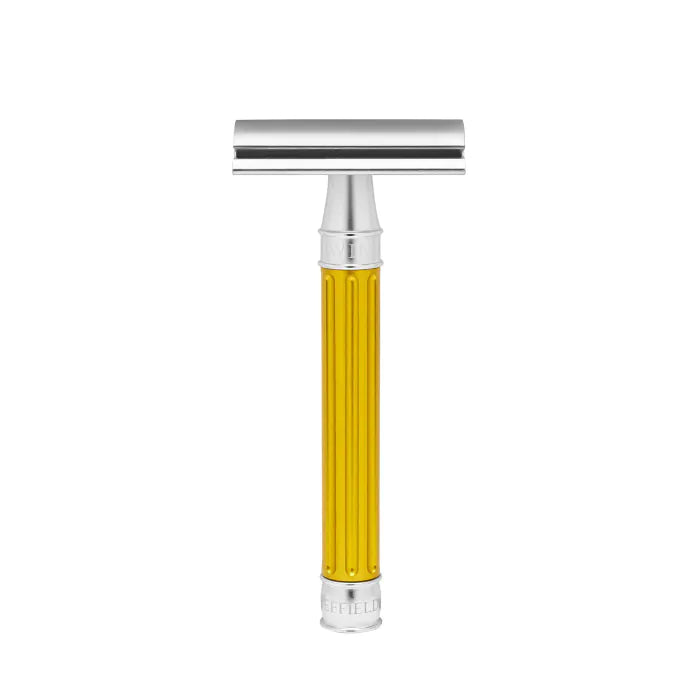 Double Edge Stainless Steel safety razor, grooved anodised yellow, 1x pack of Fe - Barberhøvel - JK-Shop
