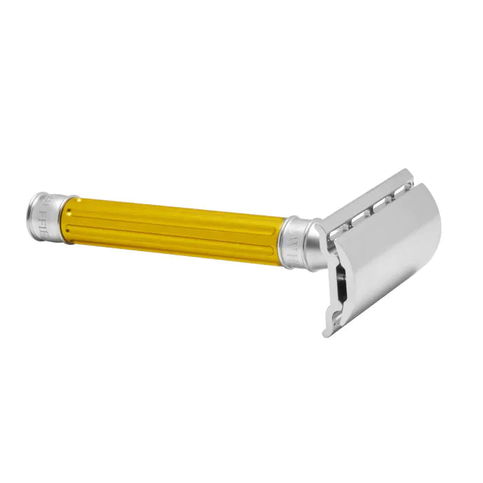 Double Edge Stainless Steel safety razor, grooved anodised yellow, 1x pack of Fe - Barberhøvel - JK-Shop