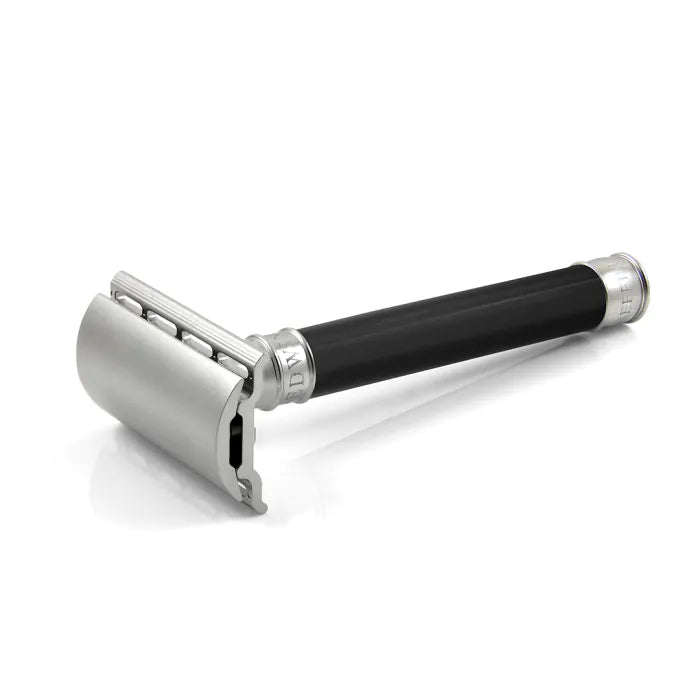 Double Edge Stainless Steel safety razor, imitation ebony, 1x pack of Feather ra - Barberhøvel - JK-Shop