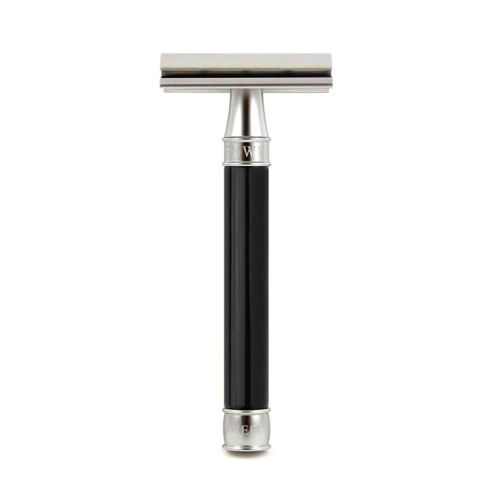 Double Edge Stainless Steel safety razor, imitation ebony, 1x pack of Feather ra - Barberhøvel - JK-Shop
