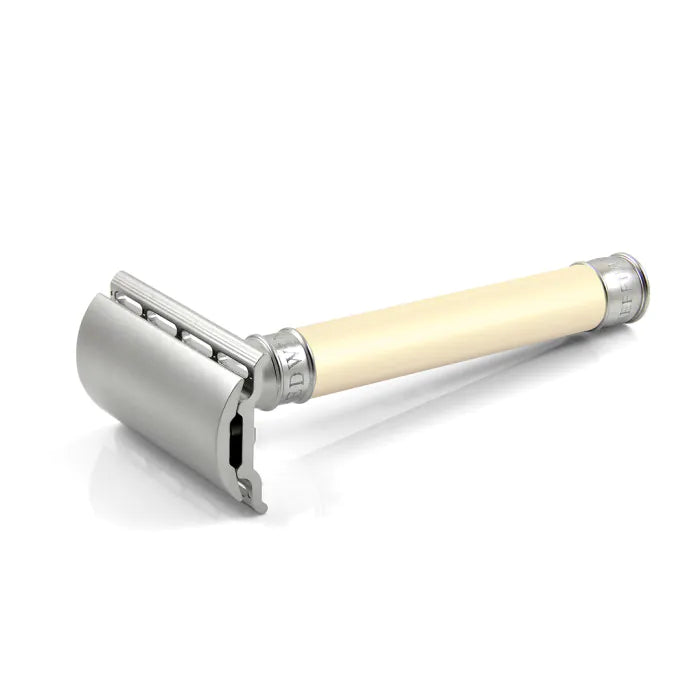 Double Edge Stainless Steel safety razor, imitation ivory, 1x pack of Feather ra - Barberhøvel - JK-Shop
