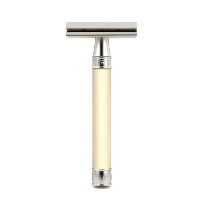 Double Edge Stainless Steel safety razor, imitation ivory, 1x pack of Feather ra - Barberhøvel - JK-Shop