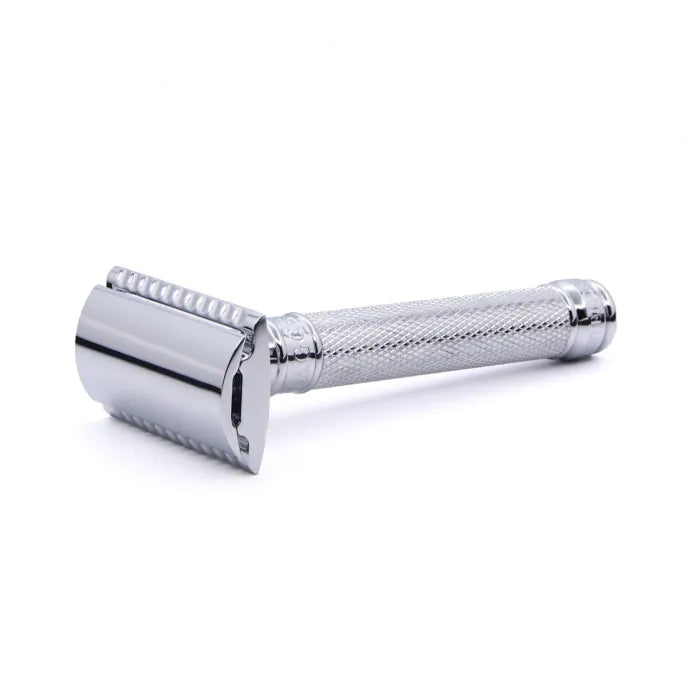 Double Edge Stainless Steel safety razor, knurled, 1x pack of Feather razor blad - Barberhøvel - JK-Shop