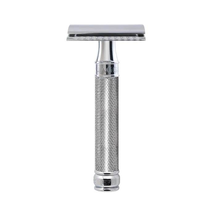 Double Edge Stainless Steel safety razor, knurled, 1x pack of Feather razor blad - Barberhøvel - JK-Shop