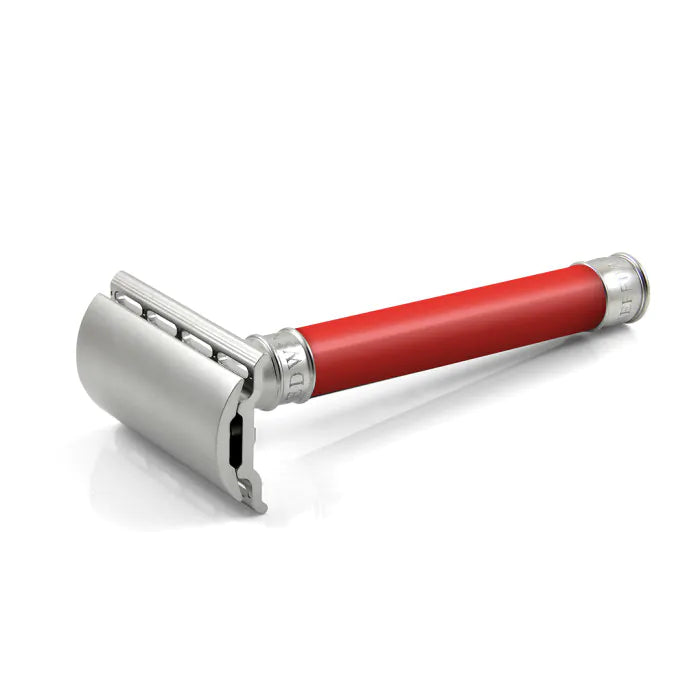 Double Edge Stainless Steel safety razor, red, 1x pack of Feather razor blades - Barberhøvel - JK-Shop