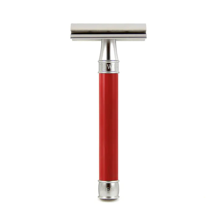 Double Edge Stainless Steel safety razor, red, 1x pack of Feather razor blades - Barberhøvel - JK-Shop
