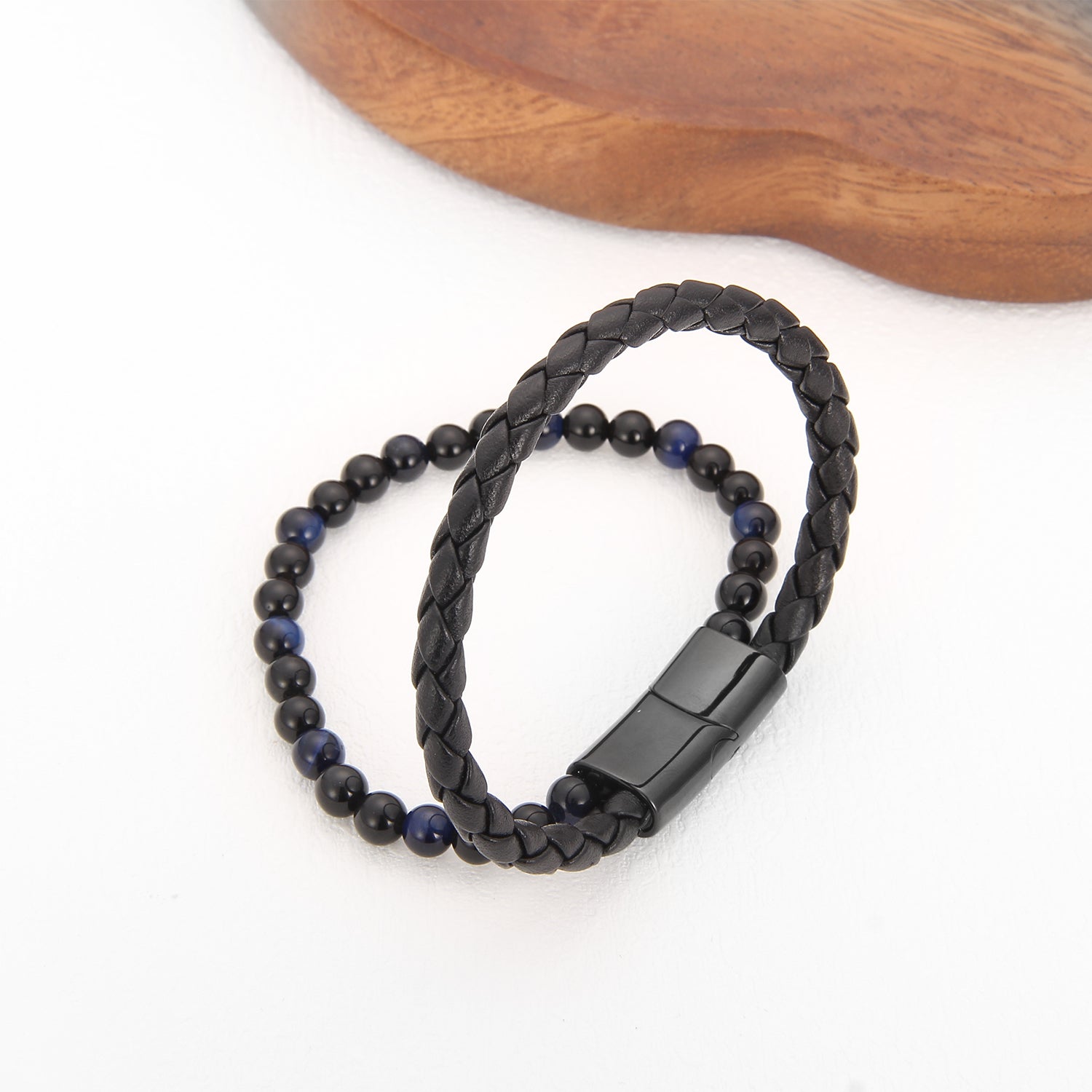 Midnight Magnetico - Flettet Lærarmbånd med Obsidian og Blå Tigerøye -  - JK-Shop