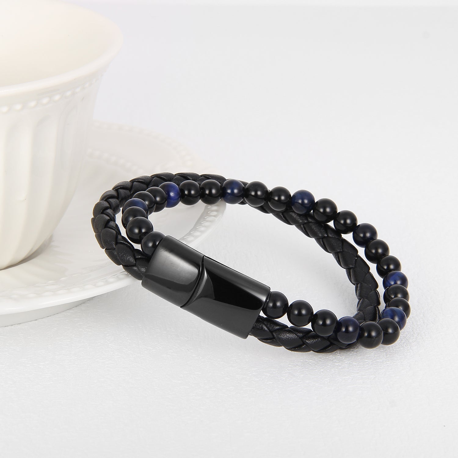 Midnight Magnetico - Flettet Lærarmbånd med Obsidian og Blå Tigerøye -  - JK-Shop