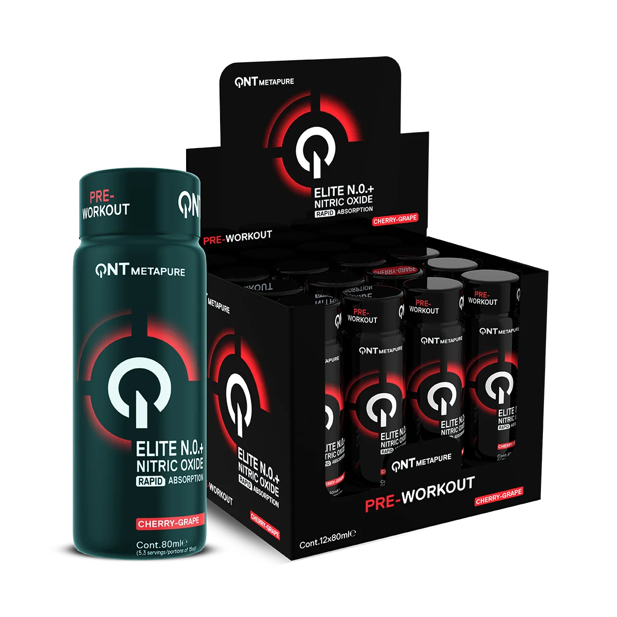 QNT Elite N.O.+ Pre-Workout Shot, 12 x 80 ml, Cherry-Grape - Komplett PWO - JK-Shop - bilde 2