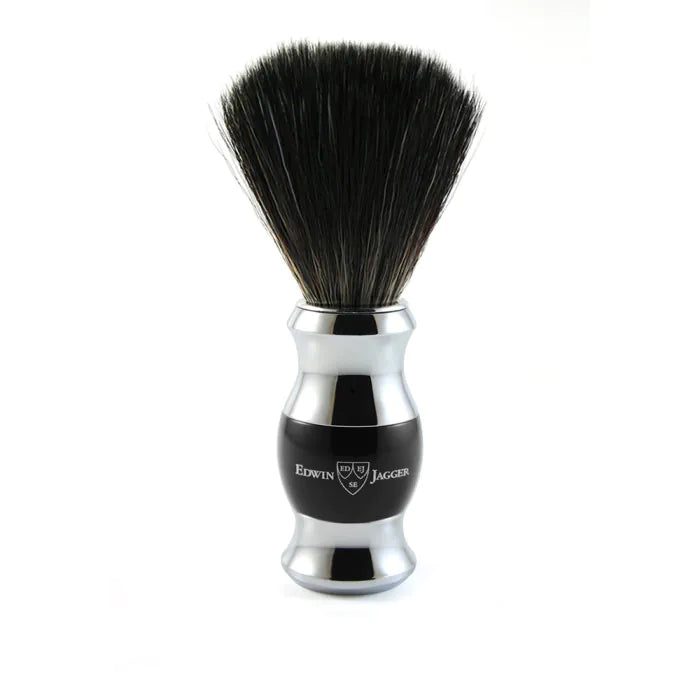 Shaving brush, black synthetic fibre, imitation ebony, chrome plated - Barberkost - JK-Shop