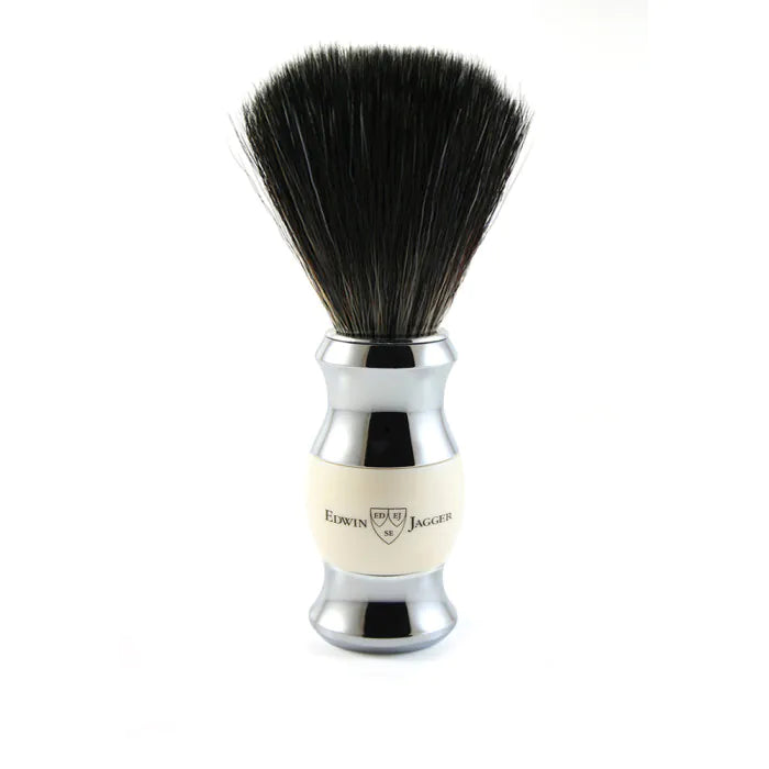 Shaving brush, black synthetic fibre, imitation ivory, chrome plated - Barberkost - JK-Shop