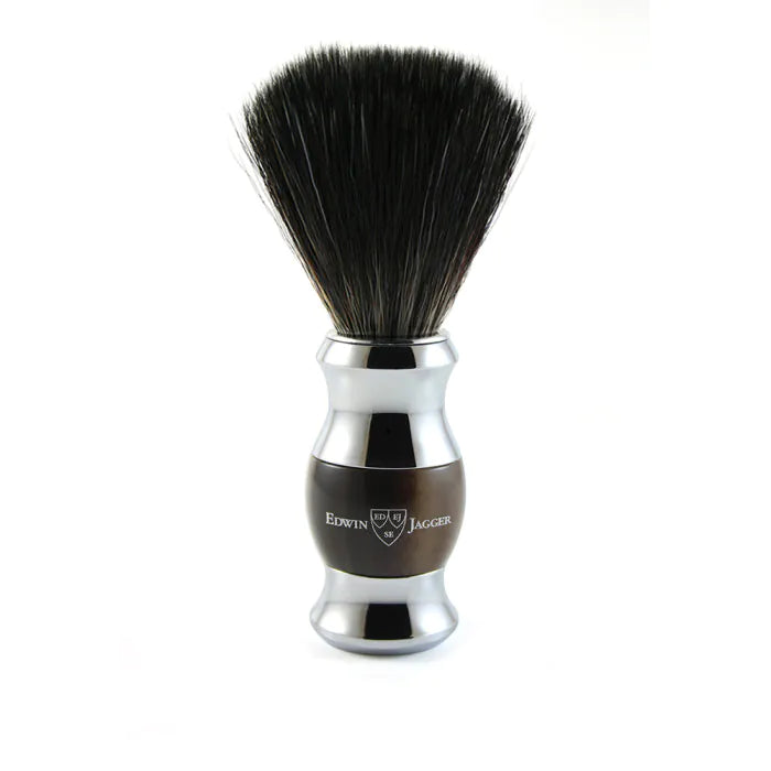 Shaving brush, black synthetic fibre, imitation light horn, chrome plated - Barberkost - JK-Shop