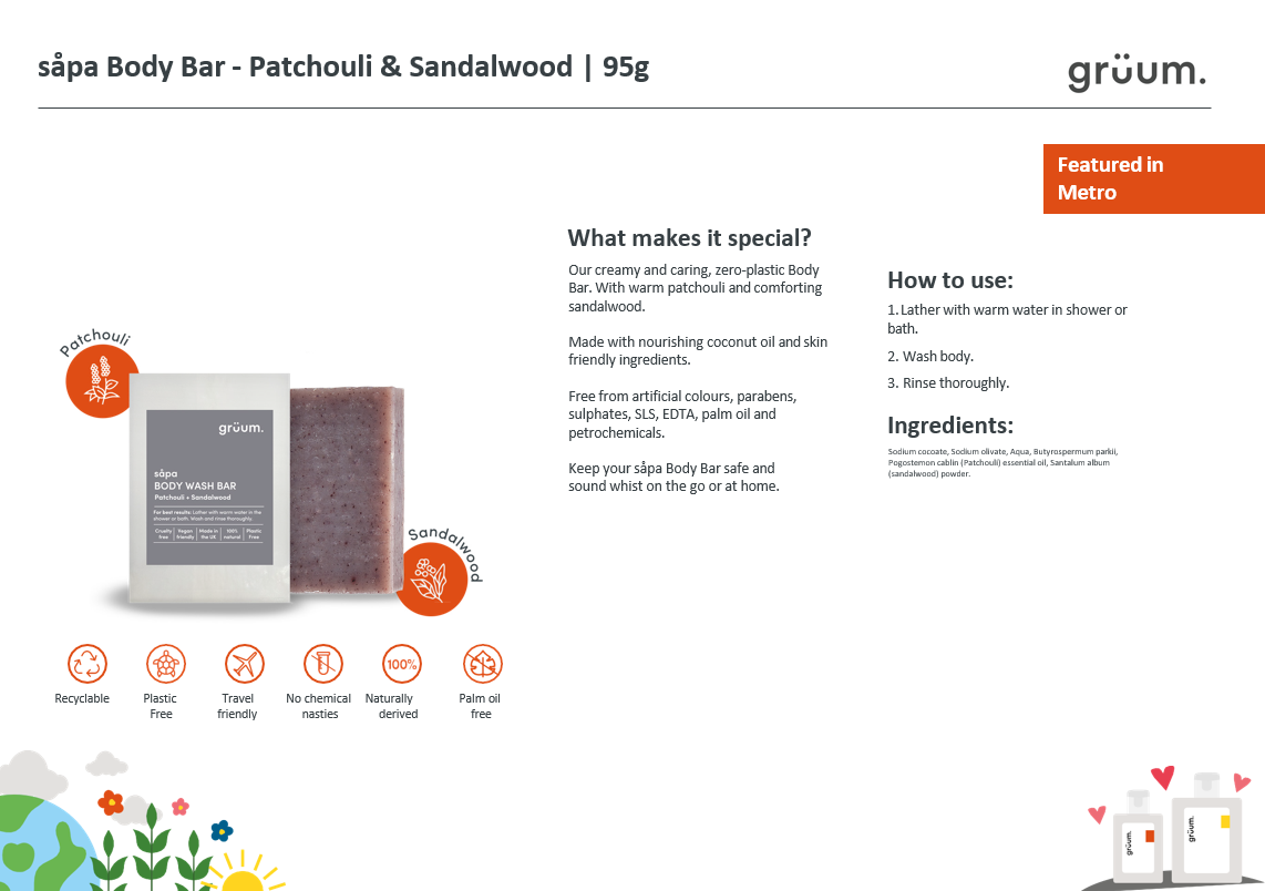 grüum såpa Zero Plastic Body Bar - Patchouli & Sandalwood
