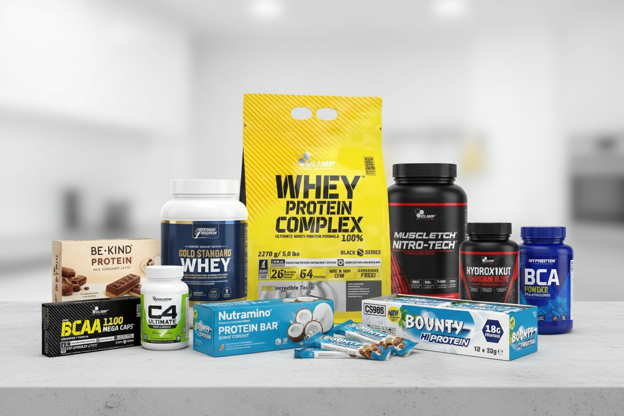 Treningstilskudd som proteinpulver, BCAA og kosttilskudd fra kjente merkevarer