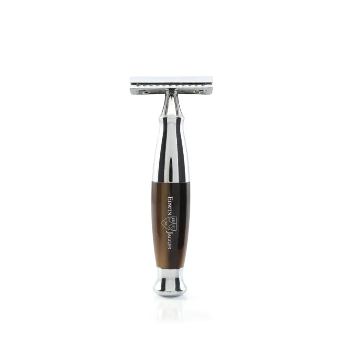 Edwin Jagger Double Edge Safety Razor, imitation light horn, chrome plated, Feather blade 