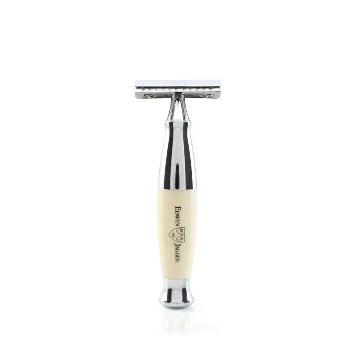 Edwin Jagger Double Edge Safety Razor, imitation ivory, chrome plated, Feather blade 